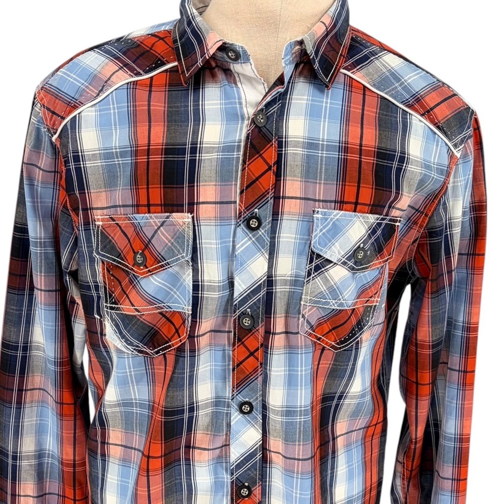 Helix Button Down Shirt L Red Blue Plaid Athletic Fit Western Piping Long Sleeve